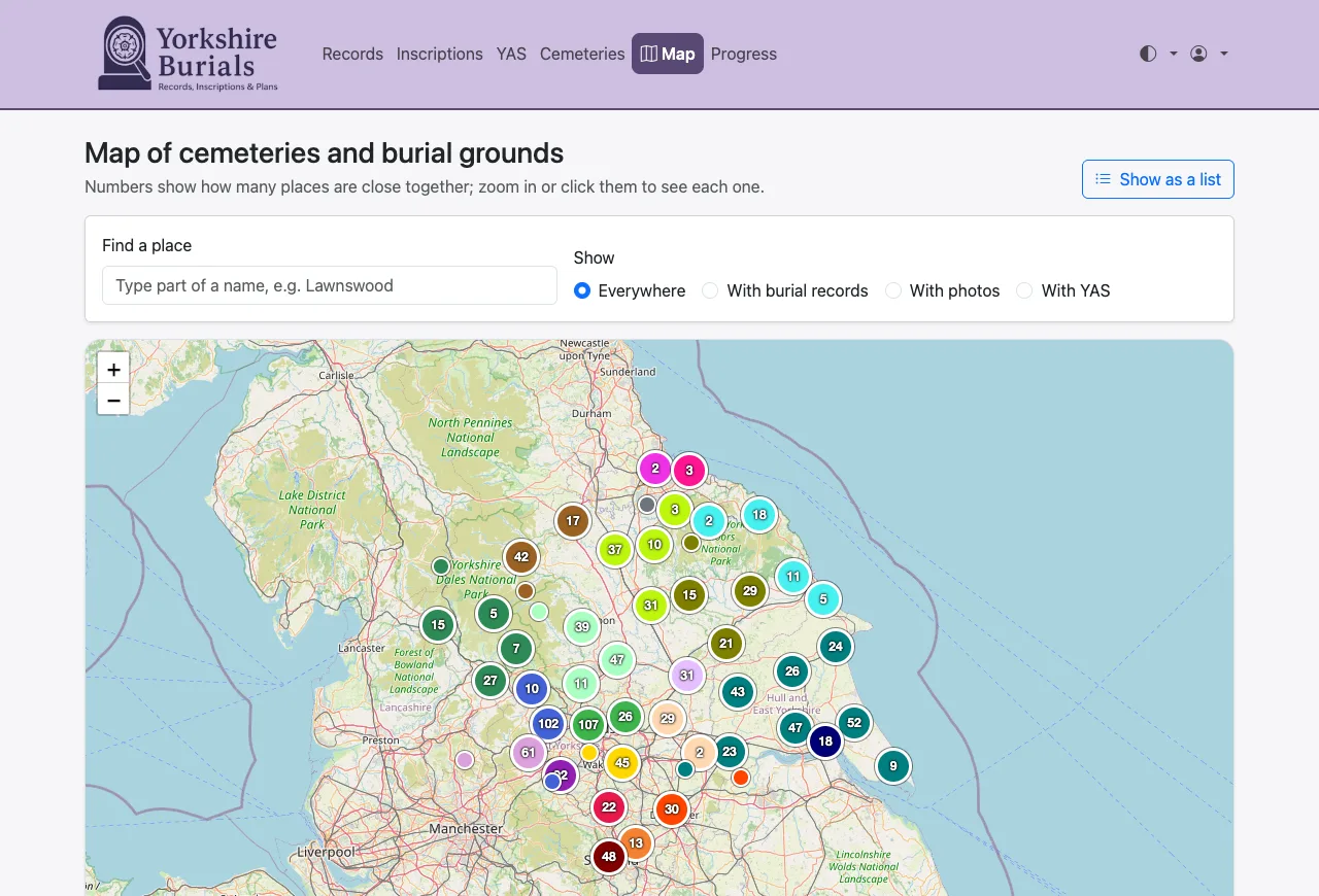 The map of cemeteries: Find a place, the Show choices (Everywhere, With burial records, With photos, With YAS), and numbered clusters of pins across Yorkshire coloured by area